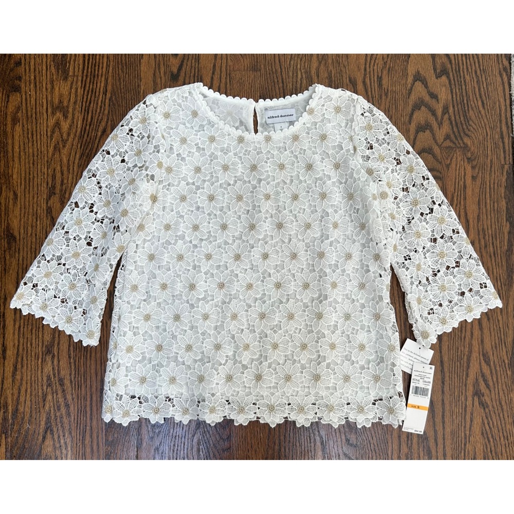 Alfred Dunner Kensington Gard Ivory Floral Lace Metallic Top Small NEW! $65
